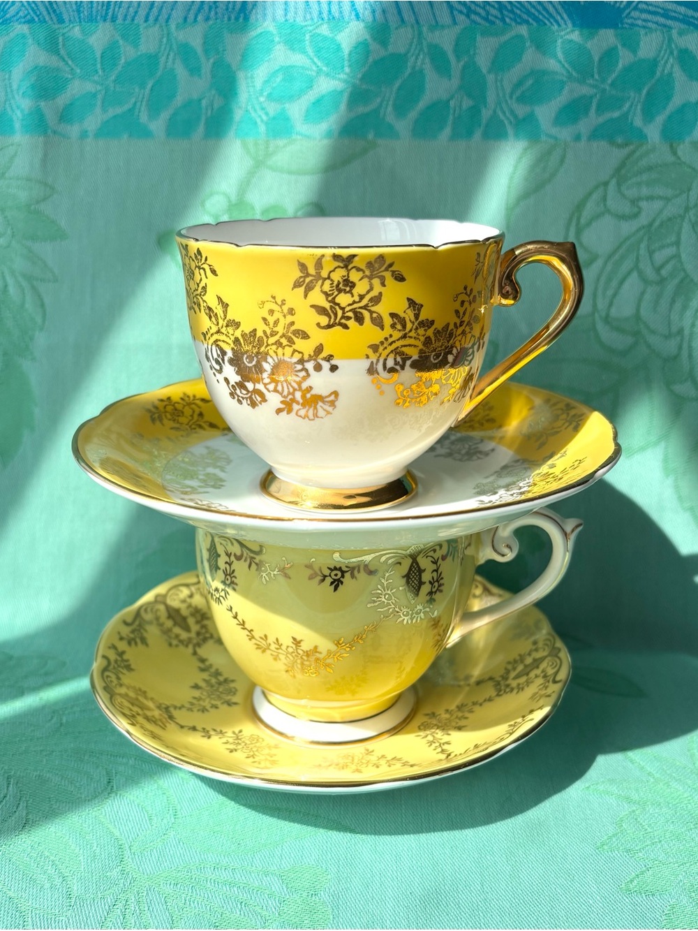 2x Yellow Floral Gold-Trim Bone China Teacup & Saucer Sets, Queen Anne & Stanley